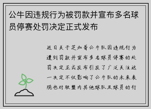 公牛因违规行为被罚款并宣布多名球员停赛处罚决定正式发布