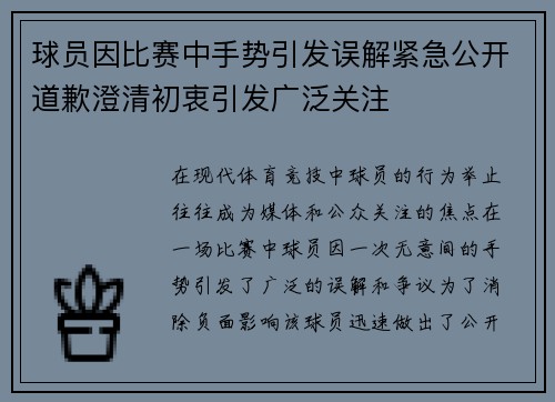 球员因比赛中手势引发误解紧急公开道歉澄清初衷引发广泛关注