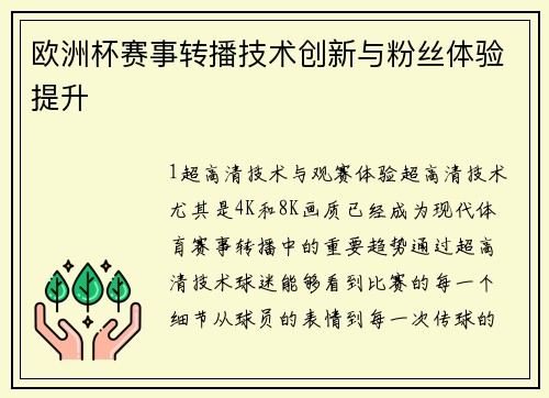 欧洲杯赛事转播技术创新与粉丝体验提升